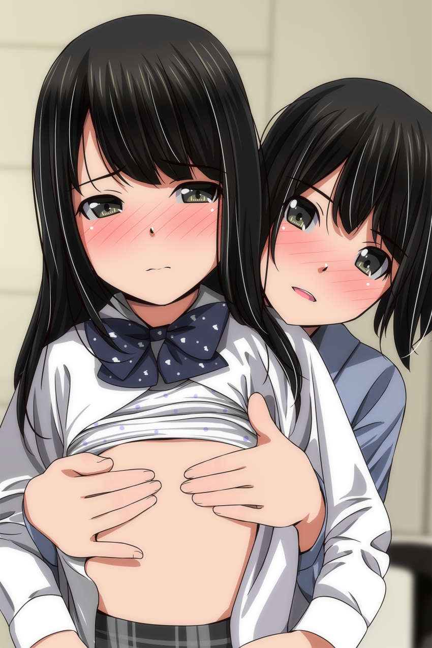 2girls absurdres black_hair blue_bow blue_bowtie blue_shirt blush bow bowtie bra bra_lift breasts brown_eyes closed_mouth covering_another's_breasts embarrassed highres long_hair long_sleeves looking_at_viewer matsunaga_kouyou multiple_girls open_clothes open_mouth open_shirt original polka_dot polka_dot_bra shirt small_breasts teeth underwear upper_teeth white_bra white_shirt