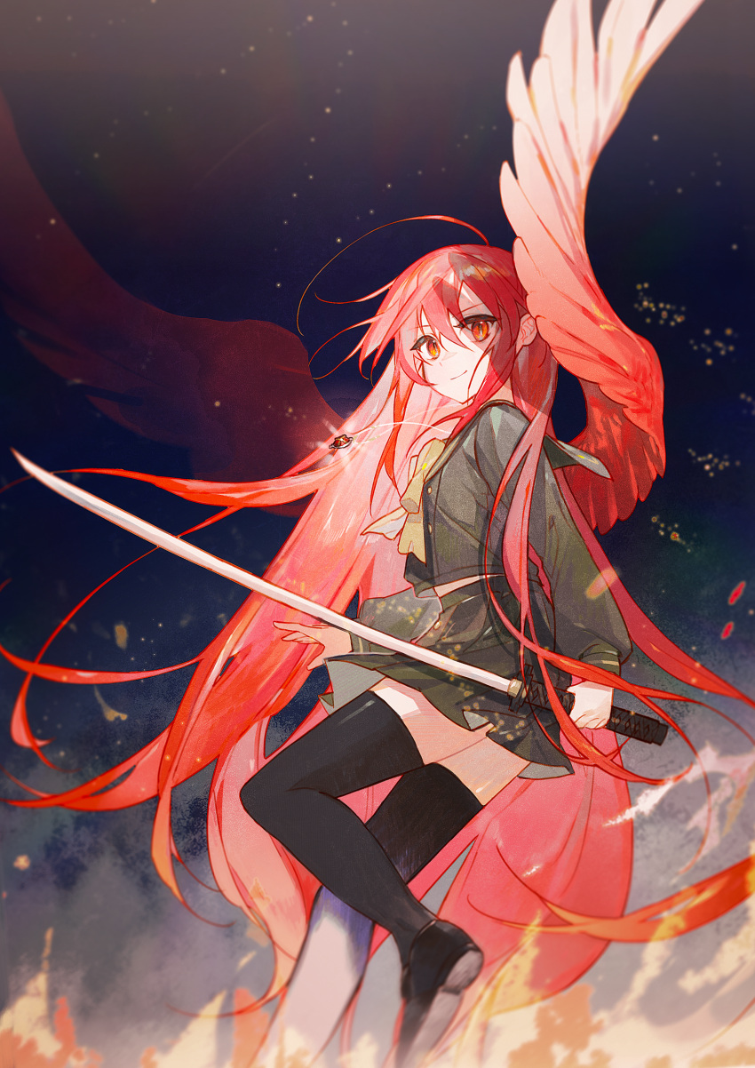 1girl absurdres alastor_(shakugan_no_shana) bangs black_thighhighs bow bowtie closed_mouth collared_shirt earear feathered_wings floating_hair from_side green_sailor_collar green_serafuku green_shirt green_skirt hair_between_eyes highres holding holding_sword holding_weapon katana long_hair long_sleeves miniskirt misaki_high_school_uniform pleated_skirt red_eyes red_hair red_wings sailor_collar sailor_shirt school_uniform serafuku shakugan_no_shana shana shiny shiny_hair shirt skirt smile solo sword thighhighs very_long_hair weapon wings yellow_bow yellow_bowtie zettai_ryouiki