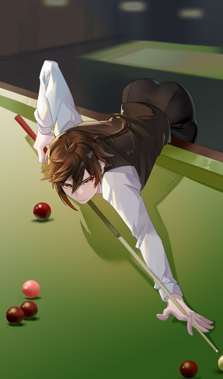 1boy absurdres ahoge arms_up back ball bangs billiard_ball billiards black_pants black_vest brown_hair closed_mouth floor genshin_impact gradient gradient_hair grey_shirt hair_between_eyes hands_up highres holding holding_pointer indoors long_hair long_sleeves looking_to_the_side male_focus multicolored_hair pants playing_games pointer ponytail shilaiguazhou shirt sidelocks smile solo standing table two-tone_hair v-shaped_eyebrows vest wall yellow_eyes zhongli_(genshin_impact)
