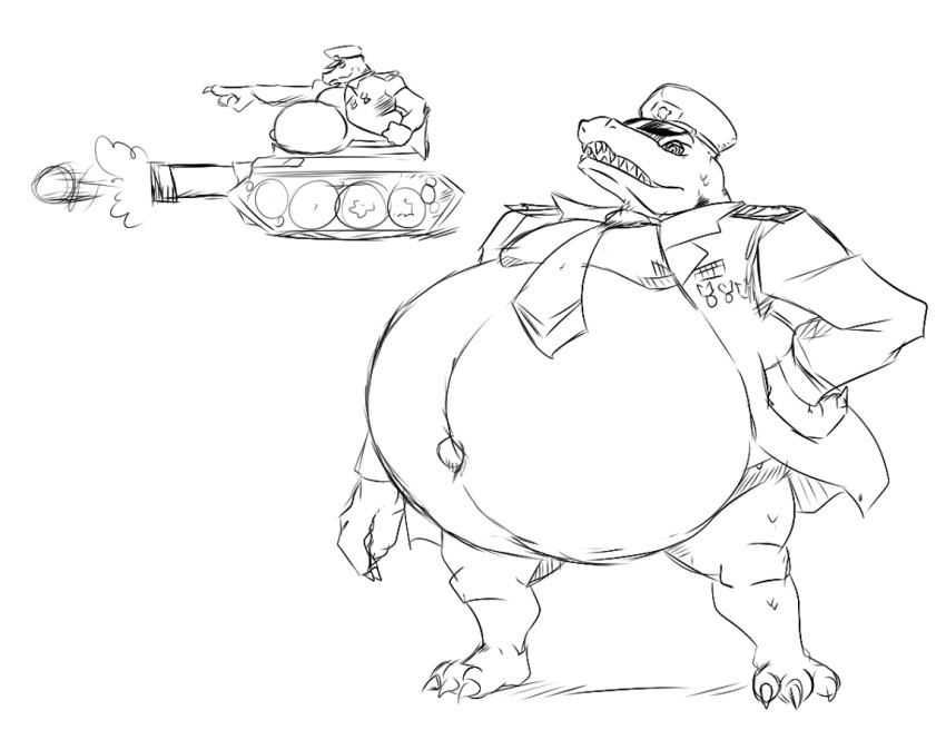 2016 alligator alligatorid anthro belly big_belly bottomless bottomless_anthro bottomless_male claws clothed clothing crocodilian donkey_kong_(series) fangs hand_on_hip hat headgear headwear jacket king_k._rool kremling male military_hat military_jacket navel necktie nintendo obese obese_anthro obese_male open_mouth outie_navel overweight overweight_anthro overweight_male reagan700 reptile scales scalie shooting solo standing tank teeth toe_claws topwear vehicle video_games