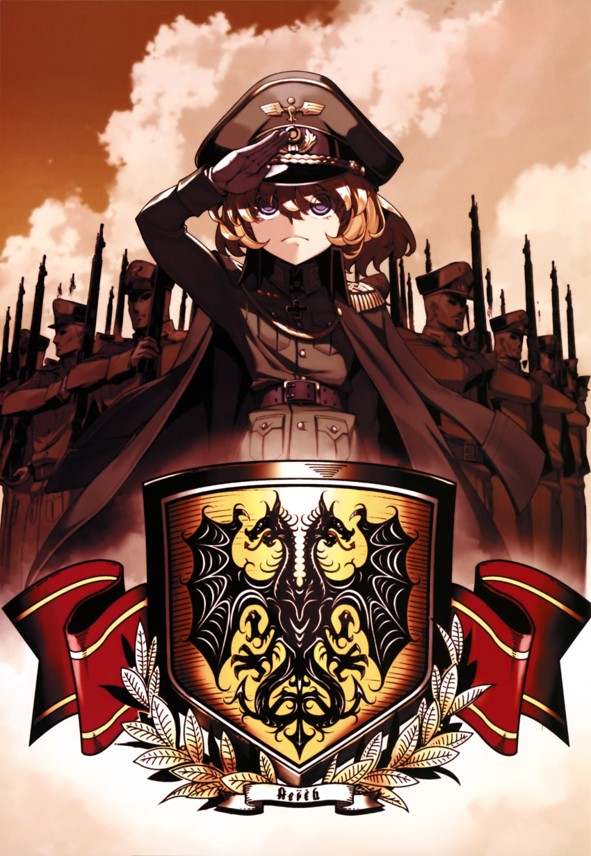 1girl absurdres arm_up bangs belt belt_buckle black_belt blonde_hair breast_pocket buckle closed_mouth coat coat_on_shoulders frown gloves gun hair_between_eyes hat highres holding holding_gun holding_weapon long_hair long_sleeves loud military military_hat military_jacket military_uniform orange_sky pocket purple_eyes rifle salute shiny shiny_hair sky solo_focus tanya_degurechaff uniform weapon white_gloves youjo_senki