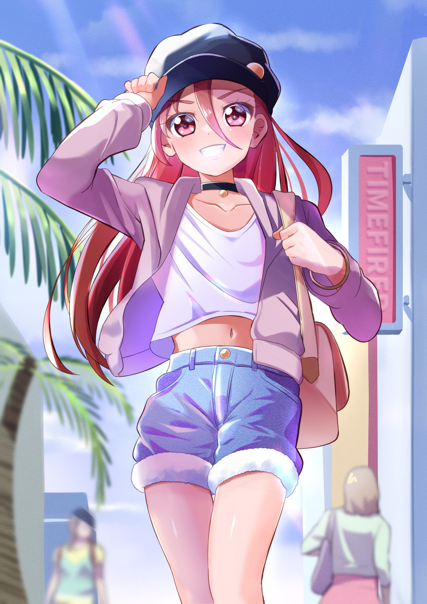 1girl absurdres arm_up black_choker black_headwear blue_eyes blue_shorts choker collarbone commentary_request crop_top floating_hair grin hair_between_eyes hat highres jacket long_hair long_sleeves looking_at_viewer midriff navel open_clothes open_jacket outdoors pink_jacket precure red_eyes red_hair shiny shiny_skin shirt short_shorts shorts smile solo_focus standing stomach takizawa_asuka thigh_gap tirofinire tropical-rouge!_precure white_shirt