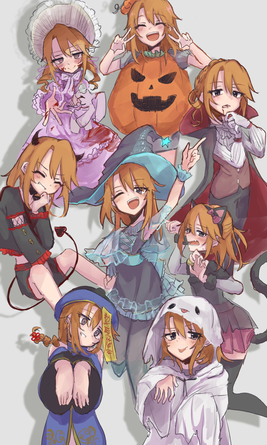 1girl :p absurdres animal_ears blood blood_on_face blood_splatter bonnet cape cat_ears cat_tail cosplay demon_horns demon_tail double_v dracula dracula_(cosplay) dress empty_eyes fake_animal_ears fang hachiya_(silica_q) halloween halloween_costume hat heart heart-shaped_pupils highres horns idolmaster idolmaster_cinderella_girls jiangshi_costume lolita_fashion looking_at_viewer medium_hair multiple_persona nyan orange_hair pink_dress pumpkin_costume reaching_out simple_background skin_fang smile sweet_lolita symbol-shaped_pupils tail tattered_dress tongue tongue_out torn_cape torn_clothes two-tone_cloak v wide_sleeves witch witch_hat wrist_cuffs yuuki_haru