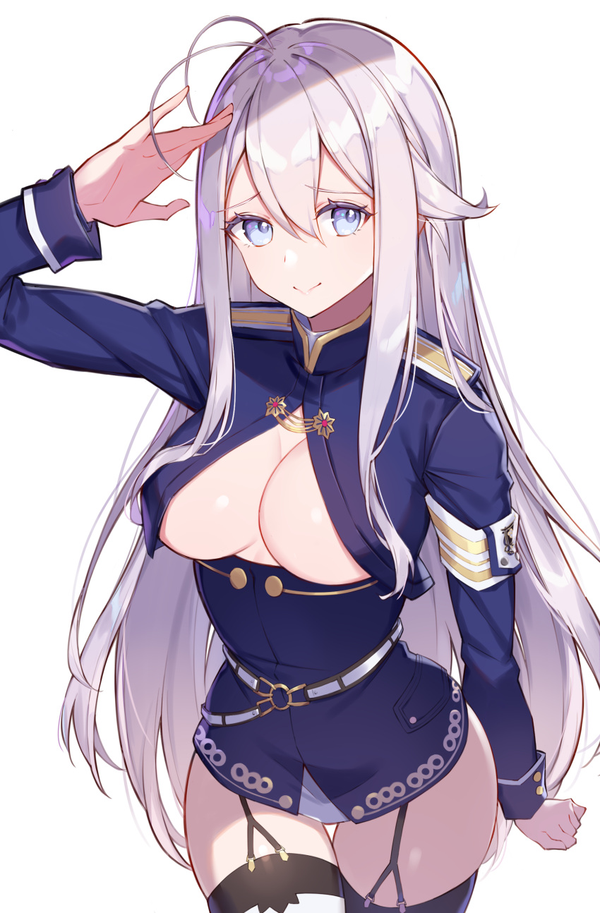 1girl 86_-eightysix- absurdres ahoge arm_at_side arm_up bangs belt blue_eyes breasts cleavage closed_mouth garter_straps hair_between_eyes highres insignia long_hair looking_at_viewer medium_breasts military military_uniform no_pants o-ring_belt open_clothes open_shirt raised_eyebrows rikoma salute sidelocks simple_background skindentation smile solo thigh_gap thighhighs thighs underboob uniform very_long_hair vladilena_millize white_background white_belt white_hair