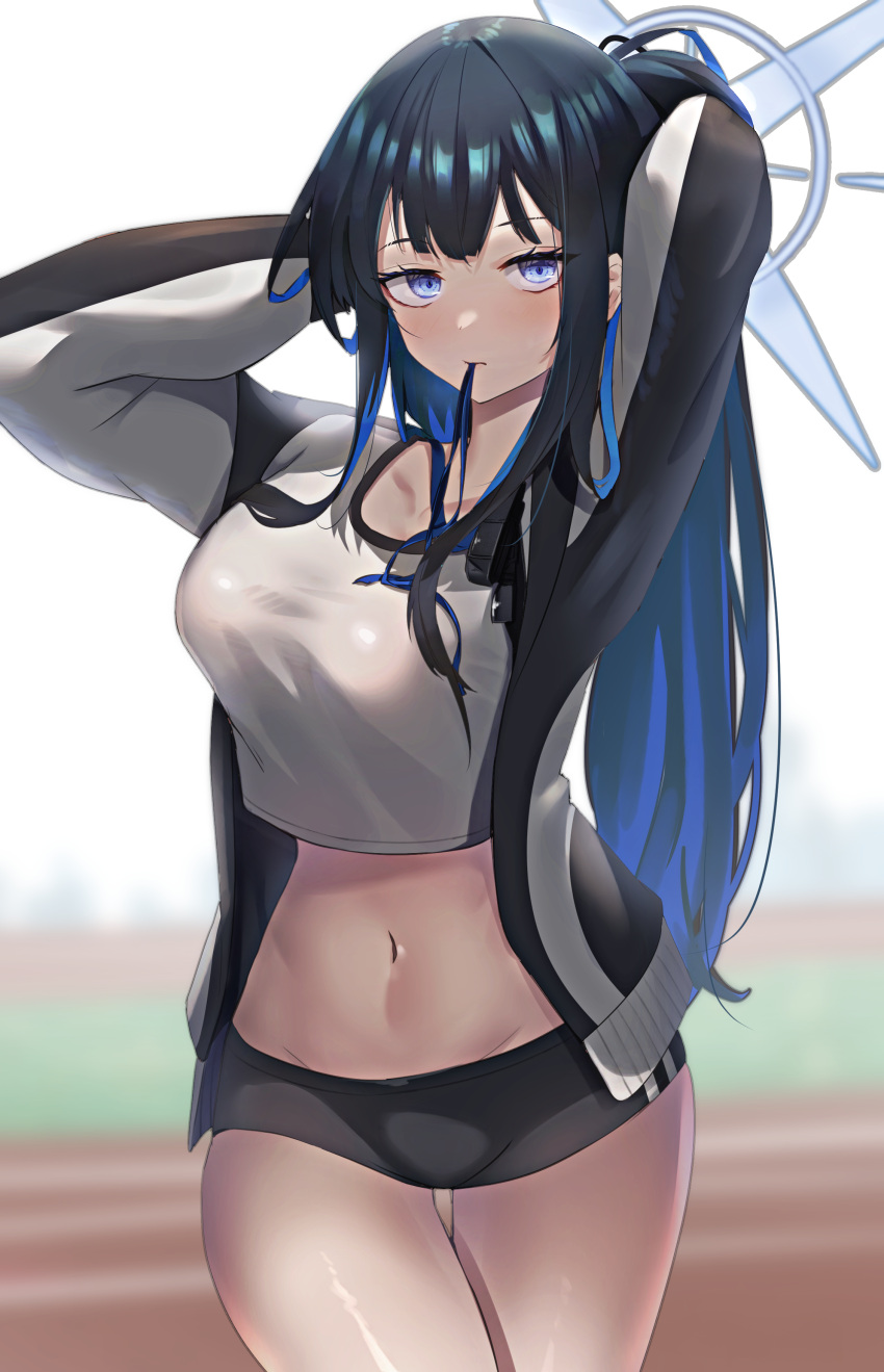 1girl absurdres alternate_costume arms_up bangs black_buruma black_hair black_jacket blue_archive blue_eyes blue_hair blurry blurry_background breasts buruma clip_studio_paint_(medium) closed_mouth collarbone commentary_request completion_time cowboy_shot crop_top crop_top_overhang e_buki groin gym_uniform hair_tie_in_mouth halo highres jacket long_hair looking_at_viewer medium_breasts midriff mouth_hold navel open_clothes open_jacket saori_(blue_archive) shirt solo standing tying_hair white_shirt