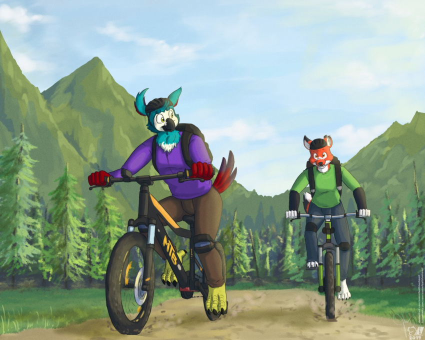 2019 anthro avian backpack barefoot beak bicycle bicycle_helmet bird bird_feet black_backpack black_beak black_body black_claws black_fur black_nose black_talons blue_body blue_bottomwear blue_clothing blue_eyebrows blue_feathers blue_pants bottomwear brown_body brown_bottomwear brown_clothing brown_eyes brown_feathers brown_pants canid canine cheek_tuft chest_tuft claws clothing cloud countershade_face countershade_torso countershading day dipstick_ears dipstick_tail dirt_path duo evergreen_tree eyebrows facial_markings facial_tuft feathers feet fox fur gloves_(marking) green_clothing green_shirt green_t-shirt green_topwear head_markings head_tuft knee_pads leg_markings looking_back male mammal markings mountain multicolored_ears multicolored_tail notched_ear open_mouth orange_body orange_fur owl pants pine_tree plant purple_clothing purple_topwear red_body red_feathers sammfeatblueheart shirt signature sky socks_(marking) t-shirt tail_feathers tail_markings teeth topwear tree tuft white_body white_feathers white_fur white_inner_ear yellow_eyes