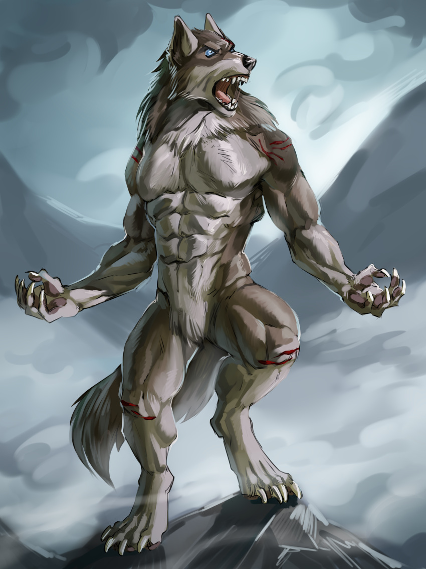 2022 absurd_res anthro blue_eyes canid canine challenge digital_media_(artwork) hi_res hill male mammal nightarm rakan scar solo were werecanid werecanine werewolf