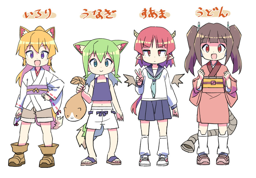 4girls animal animal_ear_fluff bangs bare_shoulders blonde_hair blue_eyes blue_neckerchief blue_sailor_collar blue_skirt blue_tank_top blush boots brown_eyes brown_footwear brown_hair brown_kimono brown_shorts brown_wings commentary_request crop_top detached_collar green_hair hair_between_eyes hand_on_hip highres holding holding_animal horns japanese_clothes kimono kneehighs long_hair long_sleeves looking_at_viewer loose_socks low_twintails midriff mini_wings multiple_girls navel neckerchief obi original pleated_skirt puffy_long_sleeves puffy_sleeves purple_eyes roku_no_hito sailor_collar sandals sash school_uniform serafuku shirt shoes shorts skirt sleeves_past_wrists socks standing tail tank_top translation_request twintails white_footwear white_kimono white_shirt white_shorts white_socks wide_sleeves wings