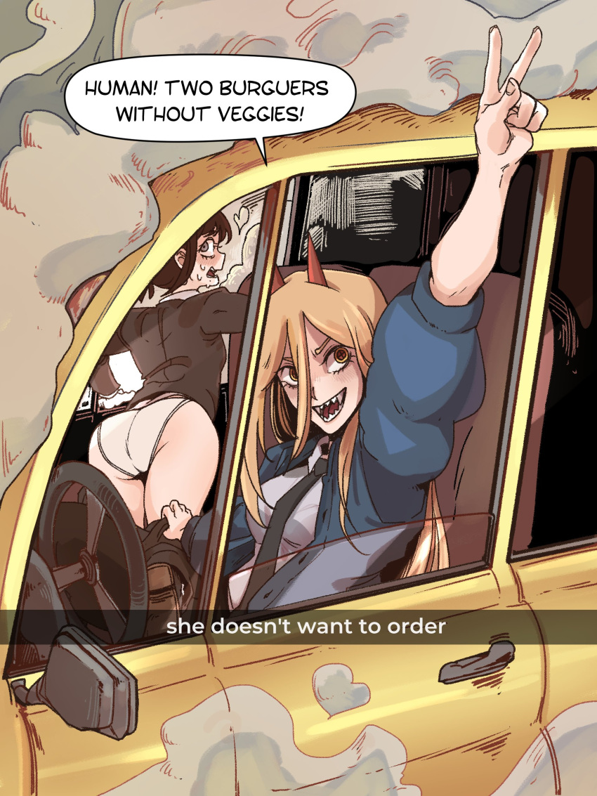 2girls absurdres ass assisted_exposure black_hair blonde_hair car chainsaw_man clothes_pull demon_horns driving ground_vehicle hand_up higashiyama_kobeni highres horns kreadorsito looking_at_viewer motor_vehicle multiple_girls necktie open_mouth panties pants pants_pull power_(chainsaw_man) sharp_teeth smoke speech_bubble sweatdrop teeth underwear v white_panties window