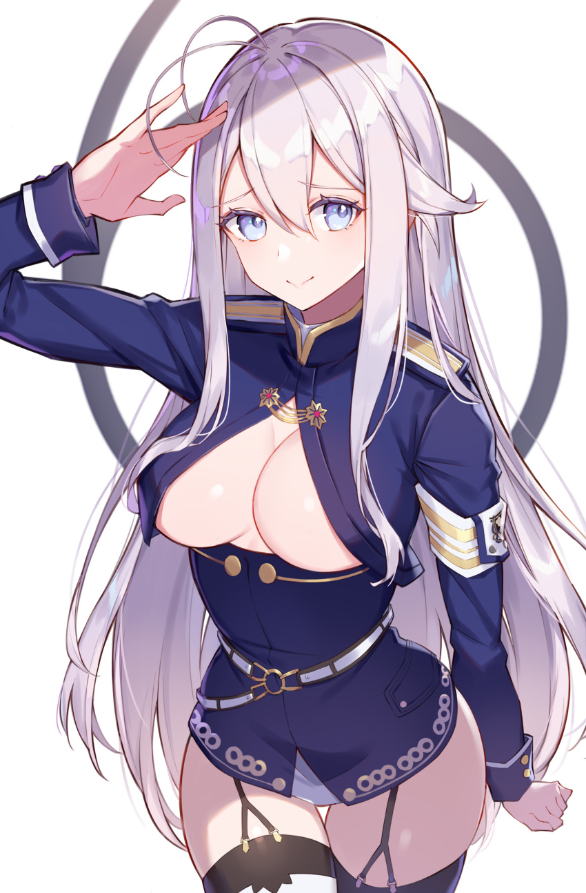 1girl 86_-eightysix- absurdres ahoge arm_at_side arm_up bangs belt blue_eyes breasts cleavage closed_mouth garter_straps hair_between_eyes highres insignia long_hair looking_at_viewer medium_breasts military military_uniform no_pants o-ring_belt open_clothes open_shirt raised_eyebrows revision rikoma salute sidelocks skindentation smile solo thigh_gap thighhighs thighs underboob uniform very_long_hair vladilena_millize white_background white_belt white_hair