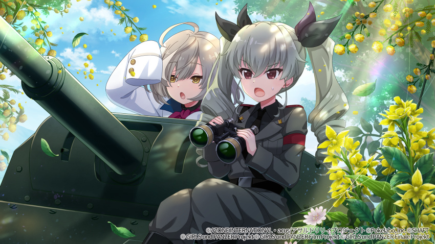2girls :o anchovy_(girls_und_panzer) anzio_military_uniform arm_up armband artist_request assault_lily bangs belt belt_buckle binoculars black_belt black_footwear black_ribbon blue_sky boots bow bowtie buckle buttons carro_armato_p40 cloud crossover day drill_hair epaulettes falling_leaves flower girls_und_panzer green_hair grey_hair grey_jacket grey_pants ground_vehicle hair_between_eyes hair_ribbon hands_up herensuge_girls_academy_school_uniform highres holding holding_binoculars jacket knee_boots knees_together_feet_apart leaf lens_flare long_hair long_sleeves looking_away military military_uniform military_vehicle motor_vehicle multicolored_hair multiple_girls official_art on_vehicle open_mouth outdoors pants red_bow red_bowtie red_eyes ribbon sasaki_ran school_uniform shading_eyes sitting sky sleeves_past_fingers sleeves_past_wrists streaked_hair sunlight sweatdrop tank tree tree_shade twin_drills twintails uniform v-shaped_eyebrows watermark webp-to-png_conversion white_flower white_jacket yellow_eyes yellow_flower