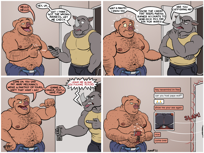 absurd_res angry anthro body_hair bottomwear catfishing chat chubby_male clothing comic domestic_pig door_slam duo felid gesture hi_res holding_object holding_phone jockstrap jockstrap_only joe_(nanoff) jumpsuit male mammal mechanic musclegut muscular muscular_male nanoff pantherine phone pointing pointing_at_self rhinocerotoid shirt shirtless_male shorts suid suina sus_(pig) tank_top topwear underwear unzipped_bodysuit