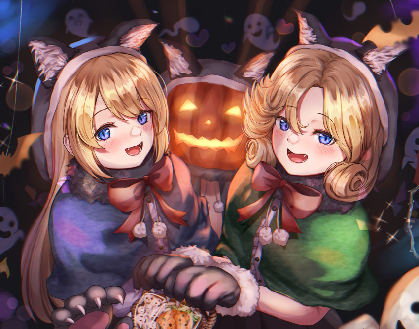 2girls animal_ears animal_hands blonde_hair blue_capelet blue_hair blush buttons capelet gloves green_capelet grey_gloves halloween halloween_costume highres jack-o'-lantern janus_(kancolle) jervis_(kancolle) kantai_collection long_hair multiple_girls one_eye_closed open_mouth paw_gloves sabakuomoto short_hair smile wolf_ears wolf_paws