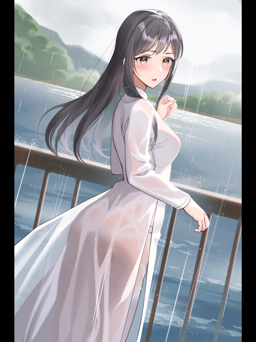1girl absurdres ass bangs black_hair breasts commentary_request dutch_angle from_behind grey_sky hand_up highres kitazawa_(embers) long_hair long_sleeves looking_at_viewer looking_back mole mole_under_eye open_mouth original outdoors rain see-through small_breasts standing vietnamese_dress water wet wet_clothes yellow_eyes