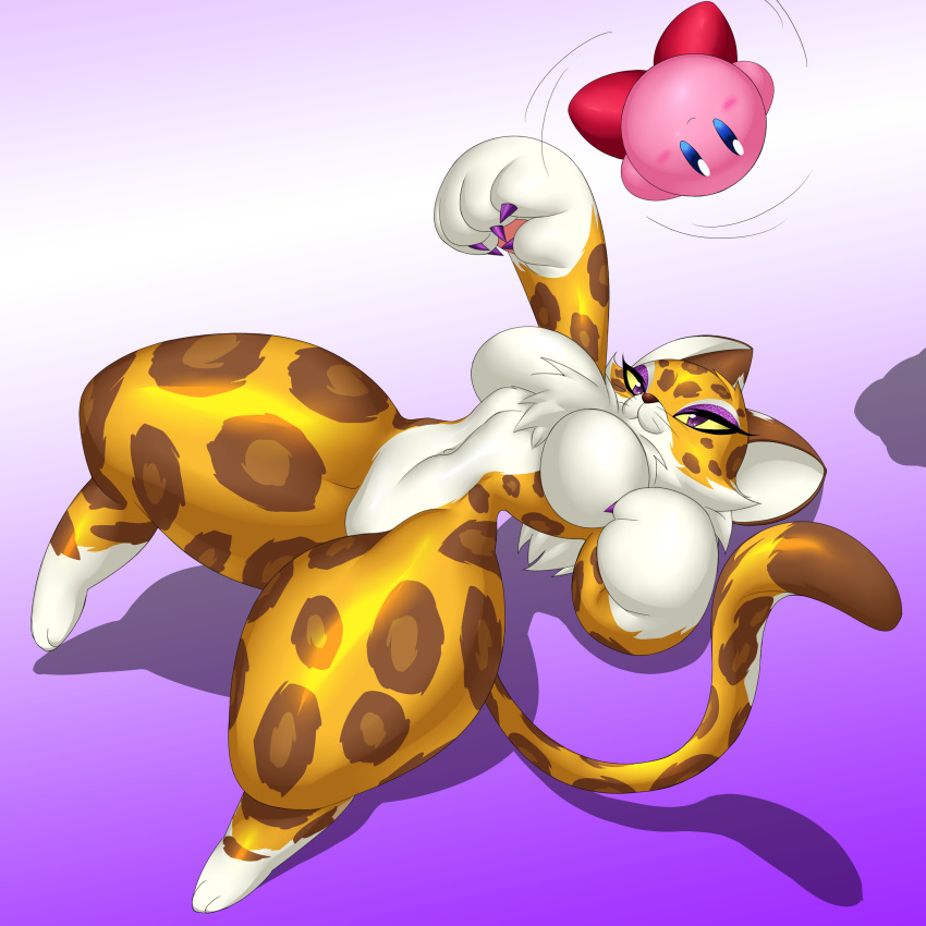 absurd_res ambiguous_gender animal_humanoid anthro big_breasts breasts clawroline duo felid felid_humanoid female hi_res humanoid kirby kirby_(series) kyelyn_(artist) leopard mammal mammal_humanoid nintendo pantherine thick_thighs video_games waddling_head whiskers