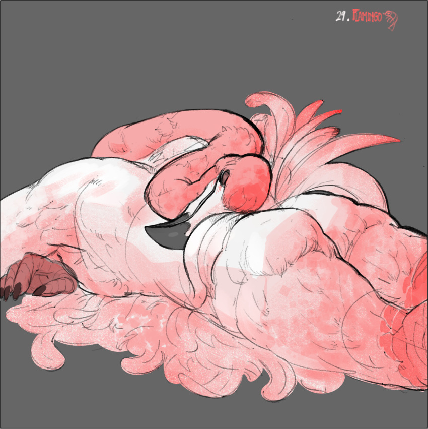 2022 anthro avian beak biped bird butt claws custapple digital_media_(artwork) eyes_closed feathers finger_claws flamingo flexible grey_background hi_res long_neck male pink_body pink_feathers simple_background solo tail_feathers