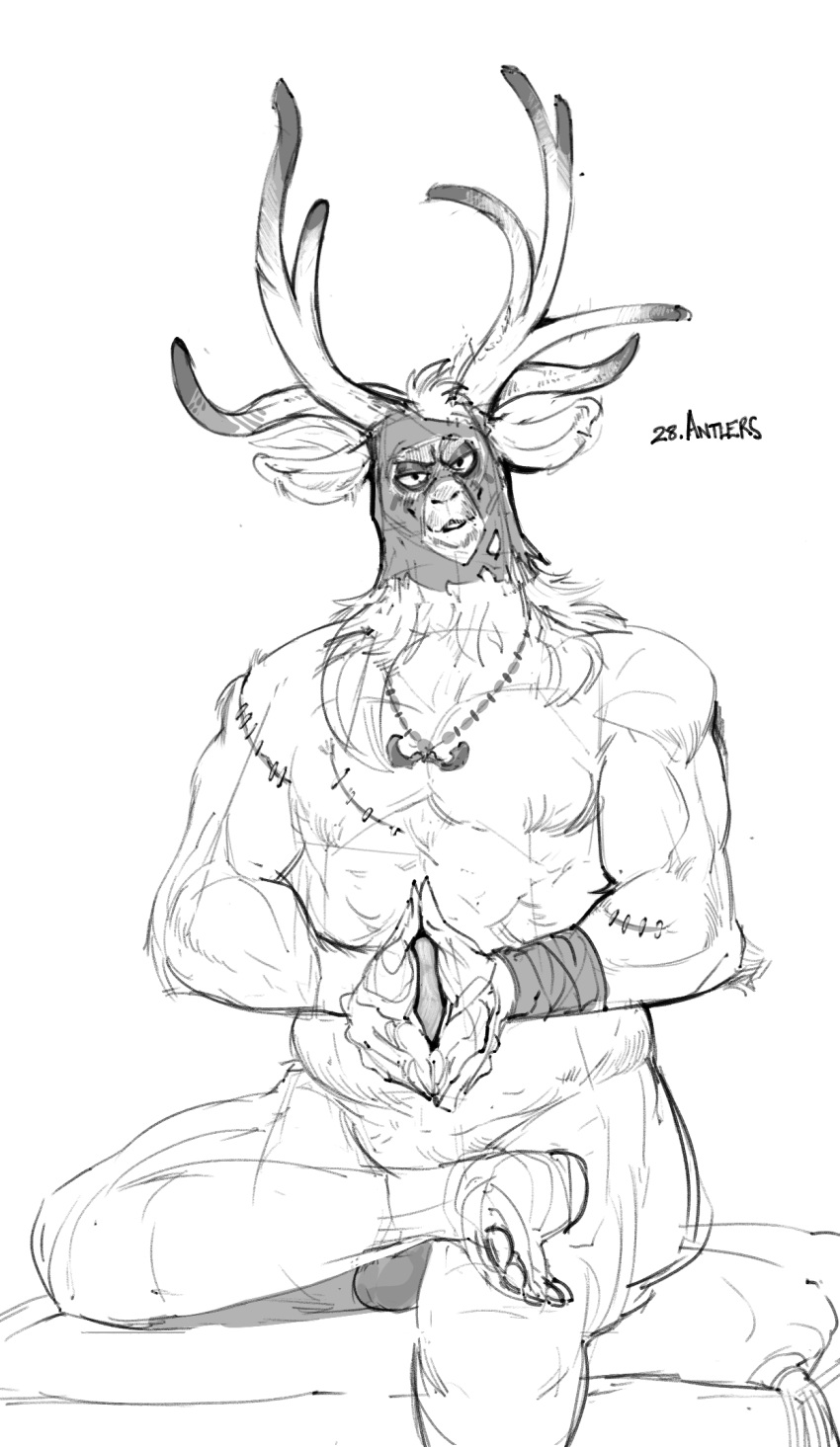 2022 anthro antlers biped cervid custapple digital_media_(artwork) greyscale hi_res horn jewelry looking_at_viewer male mammal monochrome muscular muscular_anthro muscular_male necklace plantigrade scar simple_background sitting sketch smile solo white_background