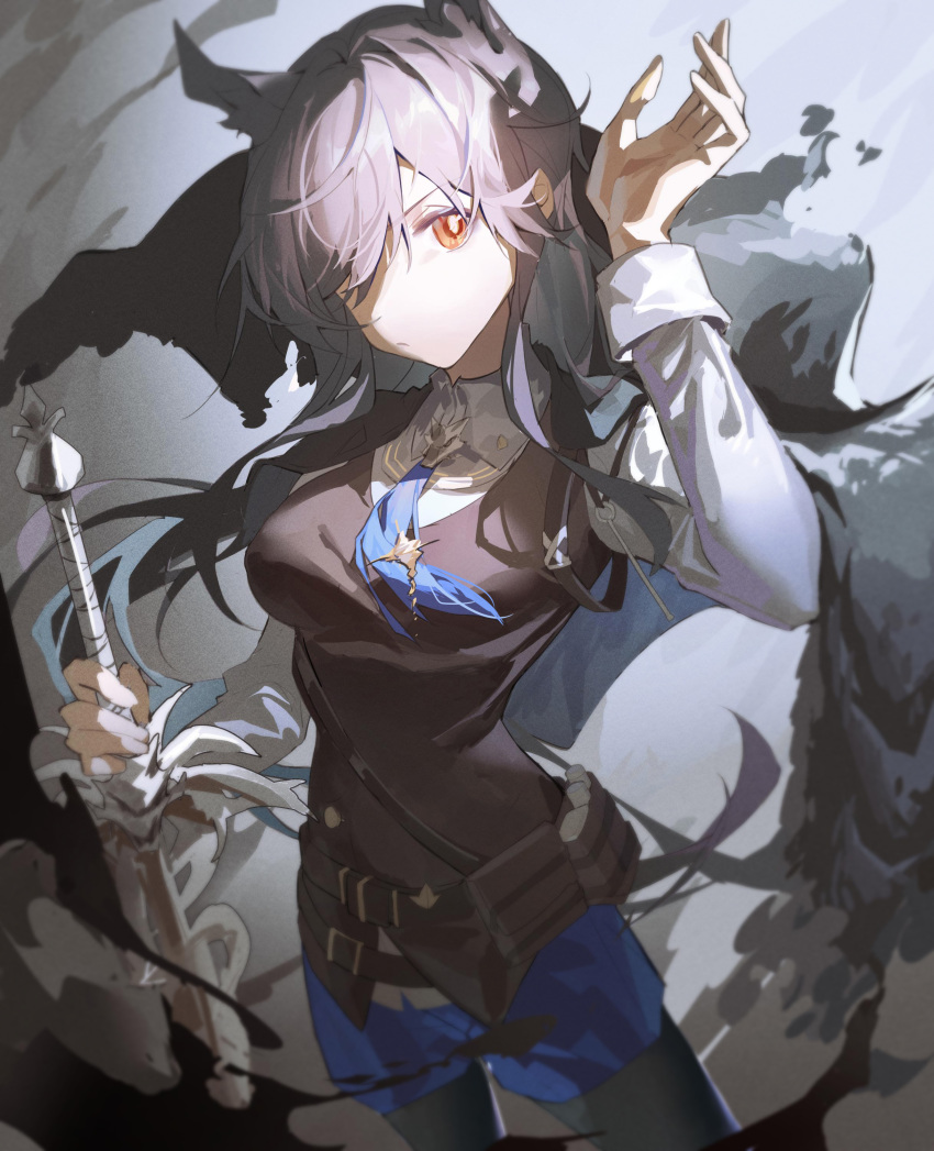 1girl absurdres animal_ears arknights bangs black_hair black_pantyhose black_vest blue_necktie blue_shorts breasts collared_shirt cowboy_shot dabaijiang_memeda extra_ears grey_background hair_over_one_eye hand_up highres holding holding_sword holding_weapon long_hair long_sleeves medium_breasts necktie official_alternate_costume pantyhose red_eyes shirt shorts simple_background solo sword texas_(arknights) texas_the_omertosa_(arknights) vest weapon white_shirt wolf_ears wolf_girl