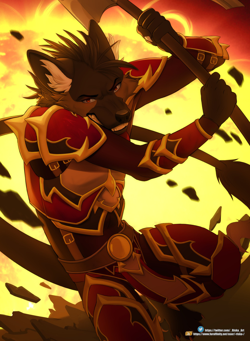 2020 absurd_res angry anthro armor axe belt black_nose brown_body brown_fur claws clenched_teeth clothed clothing crouching detailed_background determined dutch_angle earthquake explosion fighting_pose fire fur gold_(metal) gold_armor gold_clothing hair hi_res holding_object holding_weapon hyaenid hybrid inner_ear_fluff leather leather_armor leather_clothing looking_at_viewer male mammal melee_weapon multicolored_body multicolored_fur pose red_armor red_clothing red_eyes riska_(artist) short_hair solo suspenders tail_tuft teeth tuft weapon white_tuft