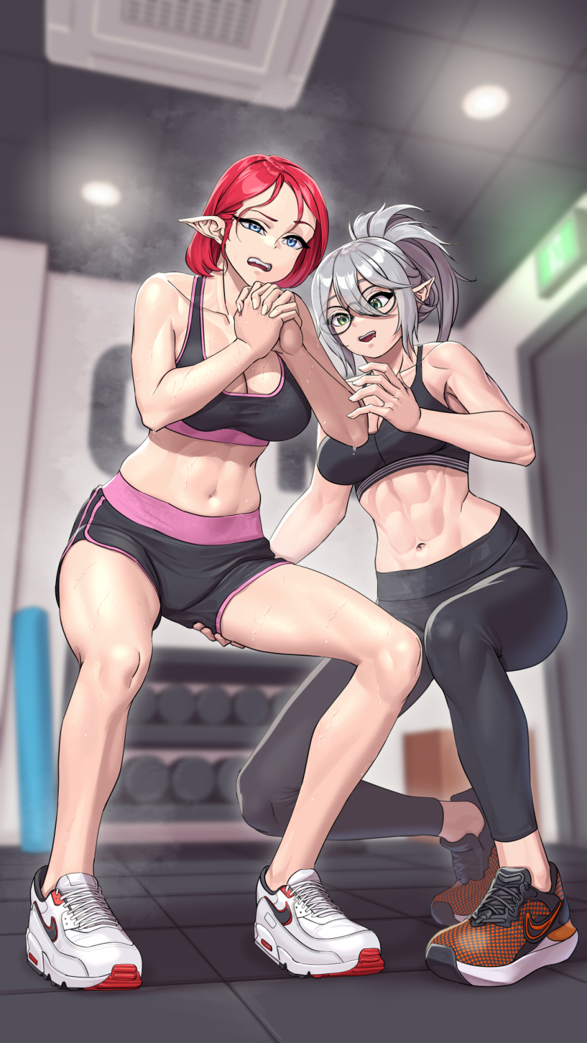 2girls abs aqua_eyes bangs breasts ceiling ceiling_light cleavage door exit_sign from_below glasses green_eyes gym hair_between_eyes hand_on_another's_thigh highres indoors large_breasts legs looking_at_another lyoung0j multiple_girls muscular muscular_female navel open_mouth original own_hands_together pants pointy_ears ponytail red_hair shoes short_hair shorts sidelocks sneakers sports_bra sportswear squatting stained_clothes steam stomach sweat sweaty_clothes weights white_hair