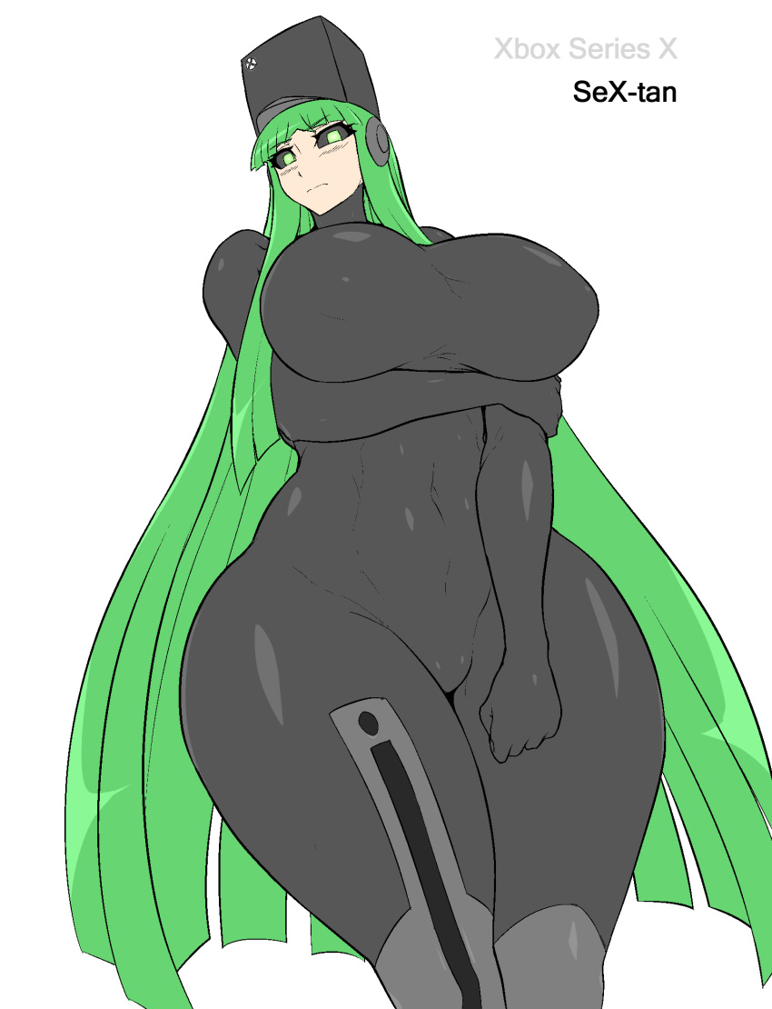 arm_under_breasts bangs black_sclera blush bodysuit breasts colored_sclera frown green_eyes green_hair grey_bodysuit highres hime_cut holding_own_arm huge_breasts impossible_clothes jadf long_bangs long_hair looking_at_viewer microsoft non-web_source original personification shiny shiny_clothes thick_thighs thighs very_long_hair wide_hips xbox_series_x_(personification)