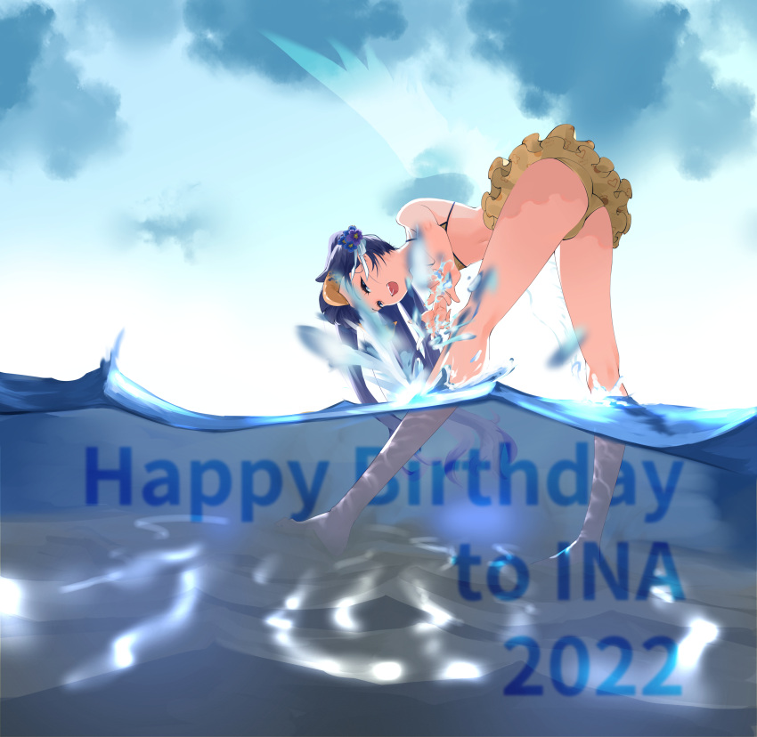 1girl :d absurdres adapted_costume ass bent_over bikini bikini_skirt blue_eyes blue_sky cloud cloudy_sky flower from_behind full_body gradient_hair hair_flower hair_ornament happy_birthday highres hololive hololive_english long_hair looking_at_viewer multicolored_hair ninomae_ina'nis ocean open_mouth orange_hair painwolfe pointy_ears ponytail purple_hair sidelocks sky smile solo swimsuit tentacle_hair very_long_hair violet_(ninomae_ina'nis) virtual_youtuber wading yellow_bikini