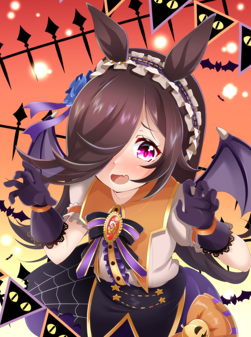 1girl animal_ears bangs black_bow black_bowtie black_gloves black_hairband black_wings blue_flower blue_rose bow bowtie brooch center_frills claw_pose collared_shirt commentary demon_wings fang flower frilled_hairband frilled_sleeves frills gloves hair_flower hair_ornament hair_over_one_eye hair_ribbon hairband halloween halloween_costume high-waist_skirt highres horse_ears horse_girl jack-o'-lantern_ornament jewelry lace-trimmed_gloves lace_trim long_bangs long_hair looking_at_viewer make_up_in_halloween!_(umamusume) medium_skirt miso_bon official_alternate_costume open_mouth orange_bow purple_eyes purple_ribbon ribbon rice_shower_(make_up_vampire!)_(umamusume) rice_shower_(umamusume) rose shirt short_sleeves skin_fang skirt smile solo spider_web_print standing star_(symbol) string_of_flags umamusume white_shirt wings