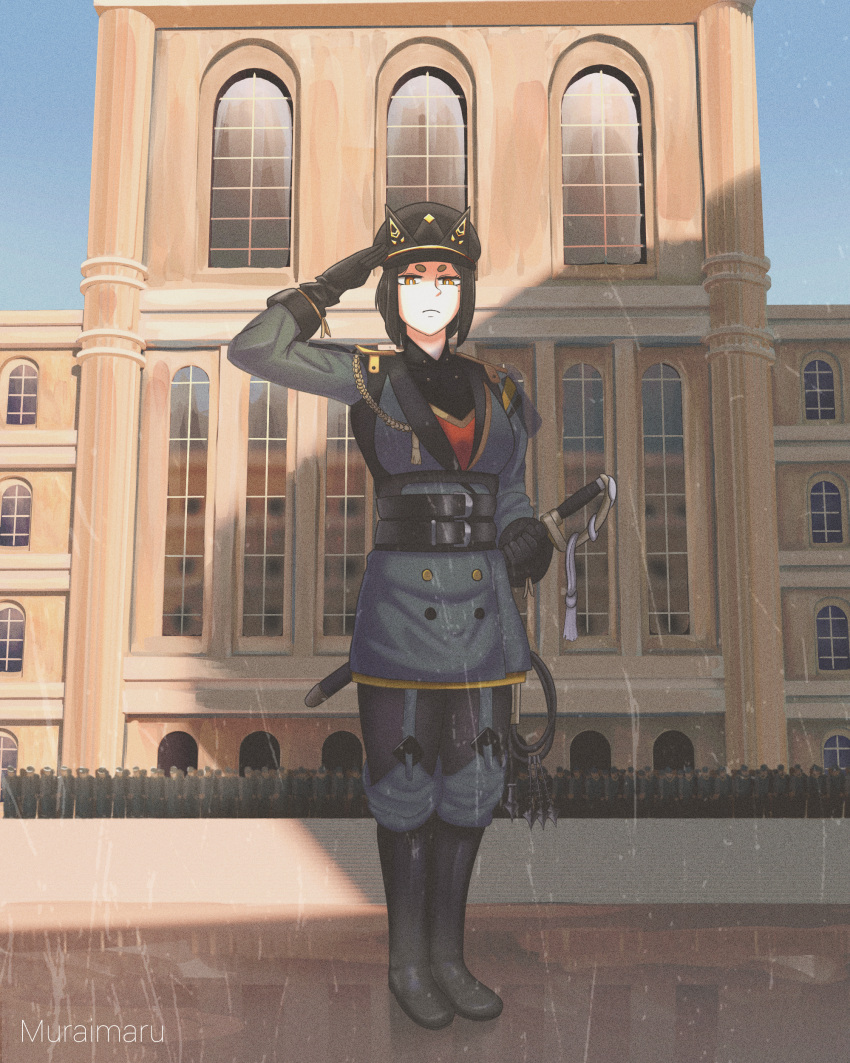 1girl absurdres arknights artist_name belt black_gloves black_hair black_headwear black_pantyhose boots brown_eyes building crown day dobermann_(arknights) frown gloves highres military military_uniform muraimaru outdoors pantyhose rubber_boots salute scenery sheath sheathed standing uniform whip window