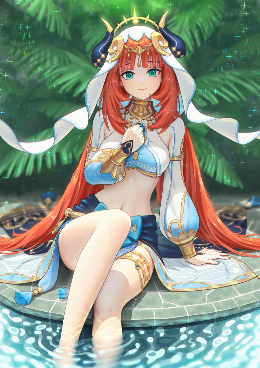 1girl absurdres aqua_eyes arm_support bangs bare_legs blue_skirt breasts brooch circlet closed_mouth crop_top darkmuleth feet_out_of_frame genshin_impact gold_trim highres horns jewelry long_hair long_sleeves looking_at_viewer medium_breasts navel neck_ring nilou_(genshin_impact) parted_bangs puffy_long_sleeves puffy_sleeves red_hair sidelocks sitting skirt smile soaking_feet solo stomach thighlet thighs twintails vambraces veil very_long_hair water