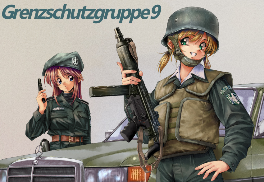 1990s_(style) 2girls belt beret blonde_hair blue_eyes car epaulettes film_grain flak_jacket green_eyes grenztruppen grin ground_vehicle gun h&amp;k_mp5 hand_on_hip handgun hat helmet highres holster jacket long_hair longmei_er_de_tuzi looking_at_another looking_to_the_side mercedes-benz military military_uniform motor_vehicle multiple_girls original police police_uniform policewoman red_hair retro_artstyle short_twintails sling smile submachine_gun turtleneck twintails uniform weapon