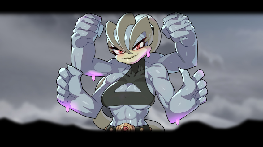 16:9 2022 4_arms 5_fingers black_clothing black_topwear blurred_background breasts clothed clothing drunk_oak female fingers fist generation_1_pokemon grey_arms grey_body grey_breasts grey_fingers grey_hands grey_skin hi_res humanoid machamp multi_arm multi_limb nintendo pokemon pokemon_(species) solo topwear video_games widescreen