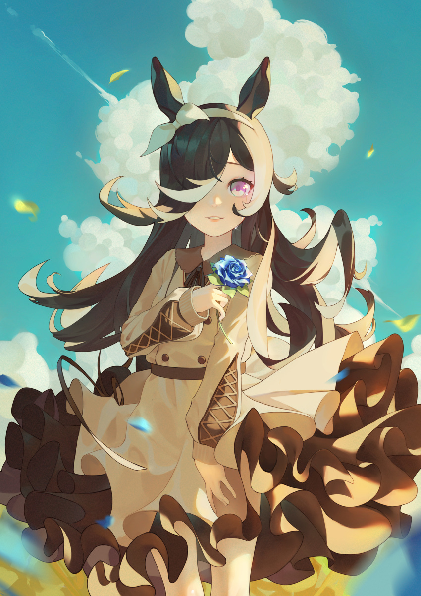 1girl absurdres animal_ears black_hair blue_flower blue_rose brown_coat cloud coat cowboy_shot flower hair_over_one_eye hairband highres holding holding_flower horse_ears horse_girl long_sleeves looking_at_viewer purple_eyes rice_shower_(umamusume) rose sky solo umamusume wannatchears white_hairband