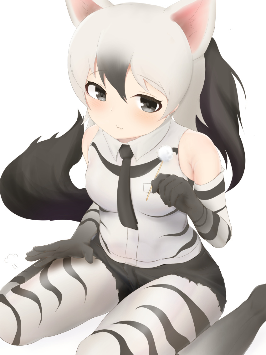 1girl =3 aardwolf_(kemono_friends) aardwolf_ears aardwolf_girl aardwolf_print aardwolf_tail absurdres animal_ears animal_print bare_shoulders beckoning black_hair black_necktie black_shorts closed_mouth collared_shirt elbow_gloves extra_ears gloves grey_eyes grey_hair hair_between_eyes hand_up highres holding kemono_friends lap_pillow_invitation light_blush long_hair looking_at_viewer mimikaki multicolored_hair necktie pantyhose pantyhose_under_shorts patting patting_lap ponytail print_gloves print_legwear print_shirt shirt short_shorts shorts simple_background sitting solo tail two-tone_hair wariza wavy_mouth white_background wing_collar ykt_scl