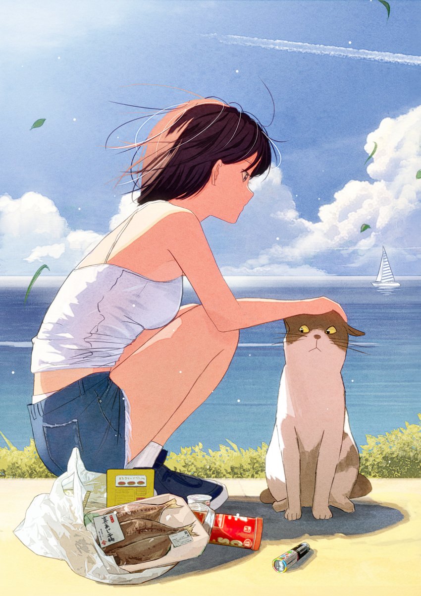 1girl ankle_socks bag boat breasts brown_hair bush camisole cat cloud commentary contrail cutoffs denim denim_shorts film_grain fish from_side groceries grocery_bag highres horizon leaf light_particles looking_to_the_side medium_breasts nakamura_yukihiro ocean original petting plastic_bag sailboat shadow shoes shopping_bag short_hair shorts sky sneakers socks solo spaghetti_strap squatting sunlight water watercraft wind
