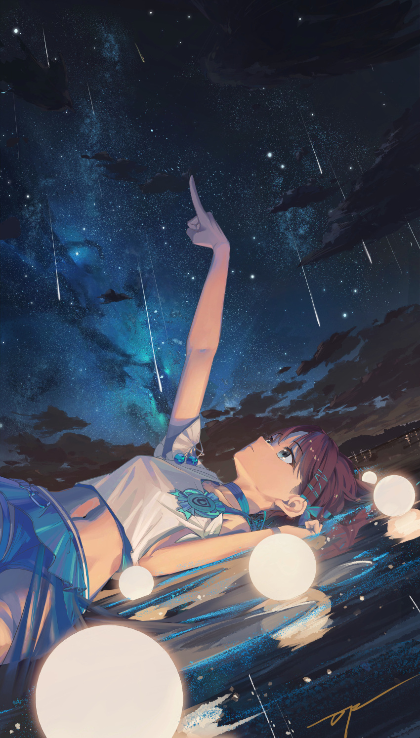 1girl absurdres asakura_toru bangs bare_shoulders blue_eyes blue_ribbon blue_skirt brown_hair cloud da_tengzi dark_clouds falling_star hair_ornament hair_ribbon hairclip highres idolmaster idolmaster_shiny_colors light_smile lights looking_up lying midriff milky_way neck_ribbon night night_sky on_back orb parted_bangs parted_lips partially_submerged pointing pointing_up reflection ribbon scenery shirt shooting_star short_hair skirt sky skyline solo star_(sky) starry_sky town white_shirt