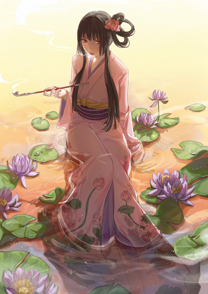 1girl absurdres arm_at_side arm_support backlighting bangs black_hair blowing_smoke blunt_bangs breasts cemony dew_drop feet_out_of_frame floral_print flower hair_flower hair_ornament hair_rings hand_up highres holding holding_smoking_pipe ichihara_yuuko japanese_clothes kimono kiseru lily_pad long_sleeves looking_at_viewer lotus nature obi parted_lips partially_submerged pink_flower pink_kimono pond purple_flower red_eyes red_lips red_nails sash sidelocks sitting smoke smoking smoking_pipe solo twilight updo water water_drop water_lily_flower wet wet_clothes xxxholic