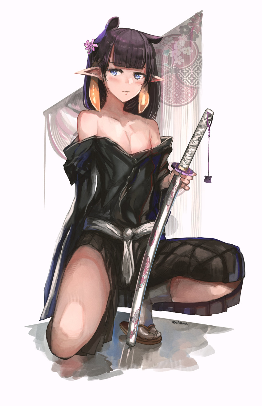 1girl absurdres anonamos bangs bleach breasts cleavage gradient_hair hakama hakama_pants highres hololive hololive_english japanese_clothes katana long_hair looking_at_viewer multicolored_hair ninomae_ina'nis off_shoulder orange_hair pants pointy_ears purple_hair sidelocks small_breasts solo sword tentacle_hair very_long_hair virtual_youtuber weapon