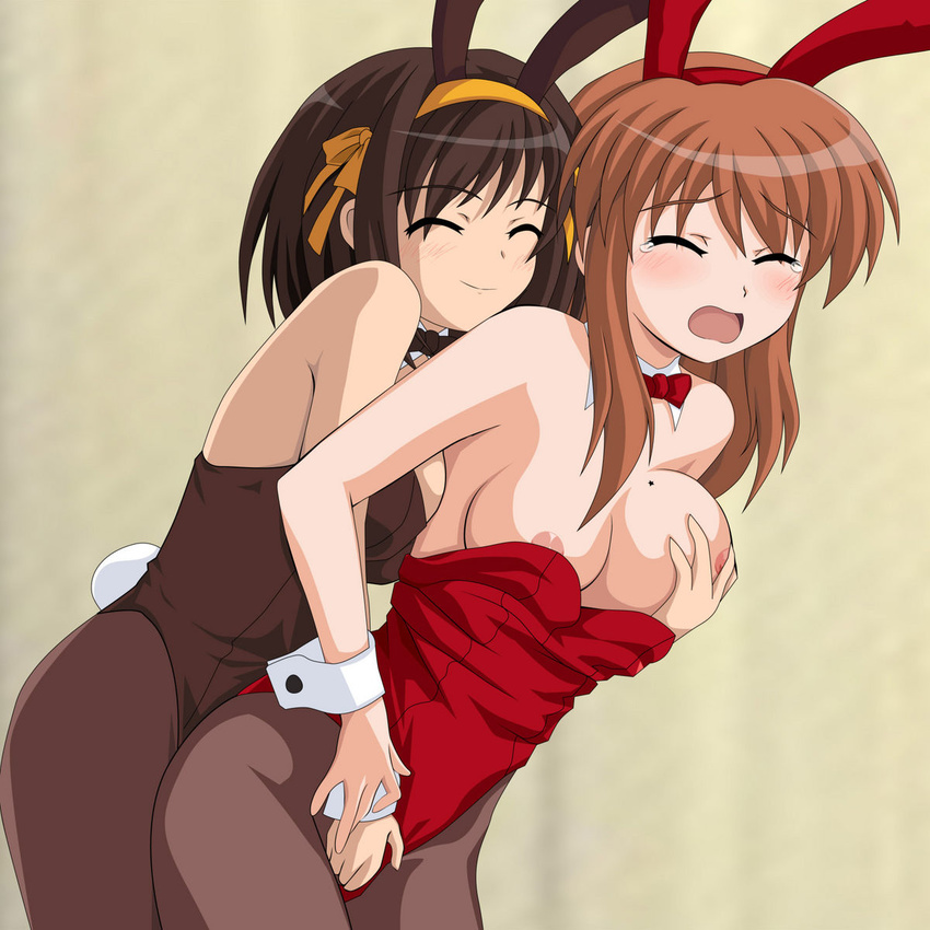 :o animal_ears areola_slip areolae asahina_mikuru bangs bare_shoulders black_leotard blush bow bowtie breast_grab breast_press breast_slip breasts breasts_apart brown_hair brown_legwear bunny_ears bunny_tail bunnysuit closed_eyes danna detached_collar fake_animal_ears femdom fingering fingering_through_clothes grabbing groping hair_ribbon hairband highres jpeg_artifacts large_breasts leaning_forward leotard leotard_pull light_smile long_hair mole mole_on_breast multiple_girls naughty_face one_breast_out orange_hairband pantyhose profile rape reach-around red_leotard ribbon short_hair sideboob simple_background standing star suzumiya_haruhi suzumiya_haruhi_no_yuuutsu tail tears through_clothes unaligned_breasts wince wrist_cuffs wrist_grab yuri