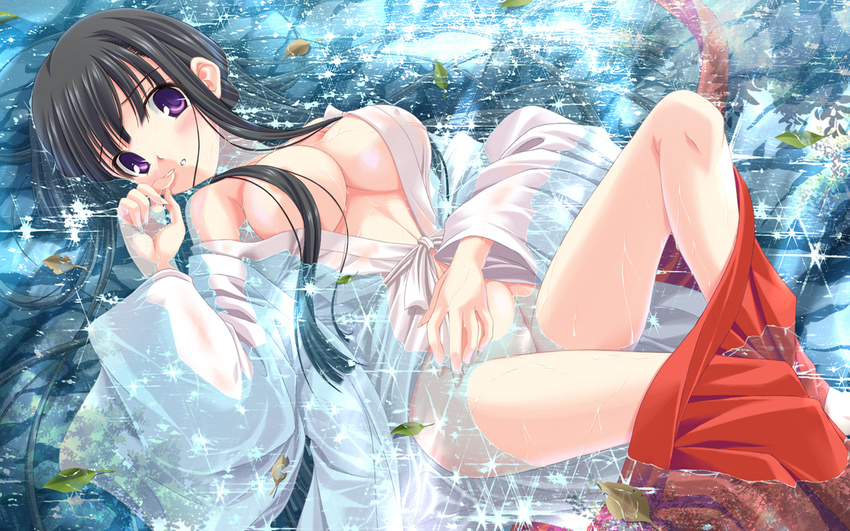 black_hair blush breasts cleavage finger_to_mouth japanese_clothes large_breasts leaf long_hair lying noritama_(gozen) on_back open_clothes original purple_eyes solo water wet