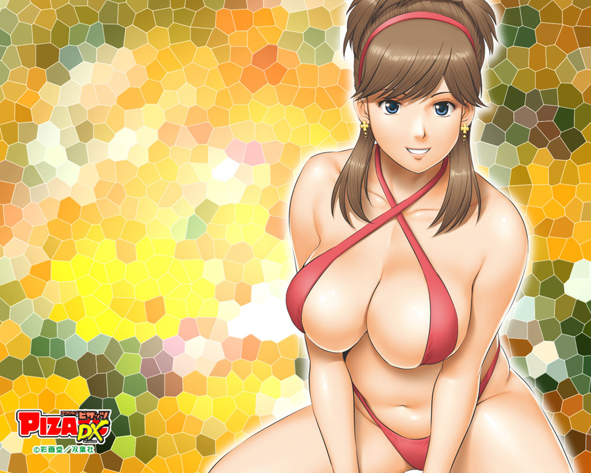 action_pizazz bikini blue_eyes breasts brown_hair cleavage earrings hairband jewelry large_breasts saigadou solo swimsuit wallpaper