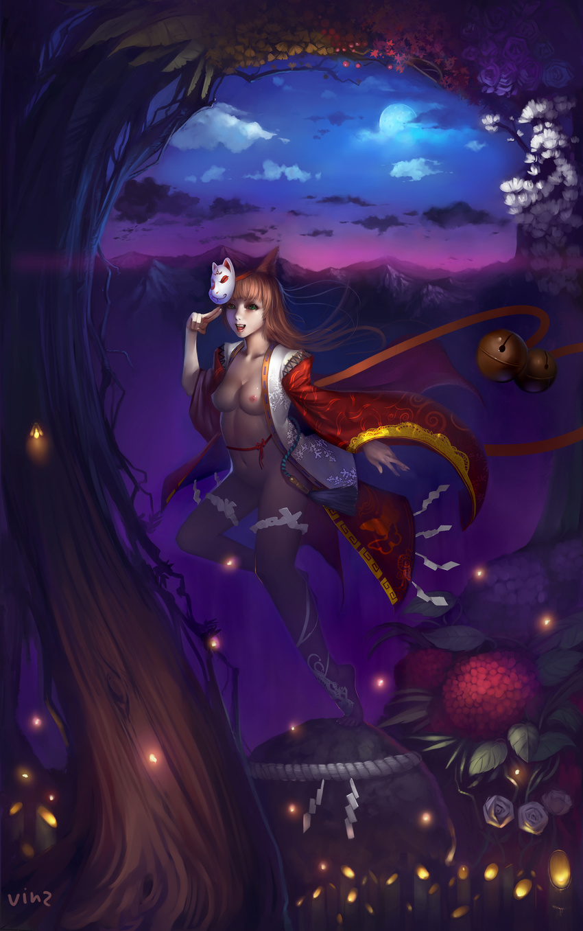 animal_ears barefoot bell breasts brown_hair fireflies flower fox_ears fox_mask green_eyes highres japanese_clothes kimono mask medium_breasts moon navel night nude open_clothes open_kimono original signature solo tree vinci
