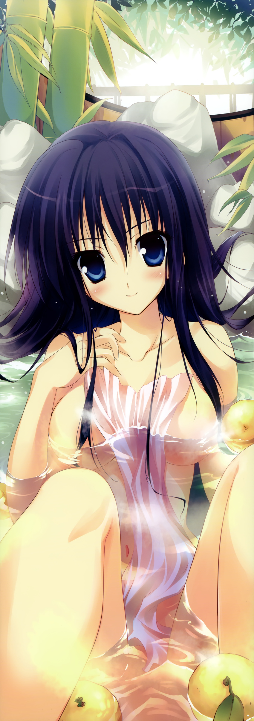 absurdres bamboo bamboo_forest bath bathing bathtub blue_eyes breasts copyright_request forest highres karory long_image medium_breasts nature onsen purple_hair solo stick_poster tall_image towel