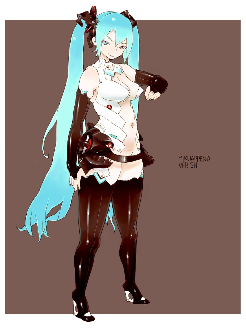 alternate_costume breasts cleavage elbow_gloves gloves hatsune_miku hatsune_miku_(append) highres large_breasts long_hair shizuoka_(bl09) solo thighhighs twintails very_long_hair vocaloid vocaloid_append