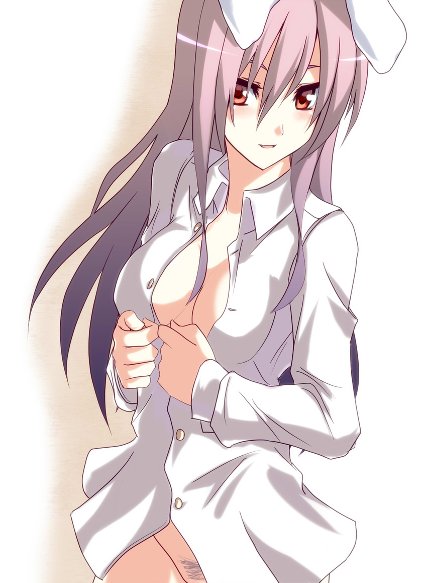 animal_ears blush bunny_ears dress_shirt highres long_hair naked_shirt no_panties open_clothes open_shirt pubic_hair purple_hair red_eyes reisen_udongein_inaba shirt silve smile solo touhou