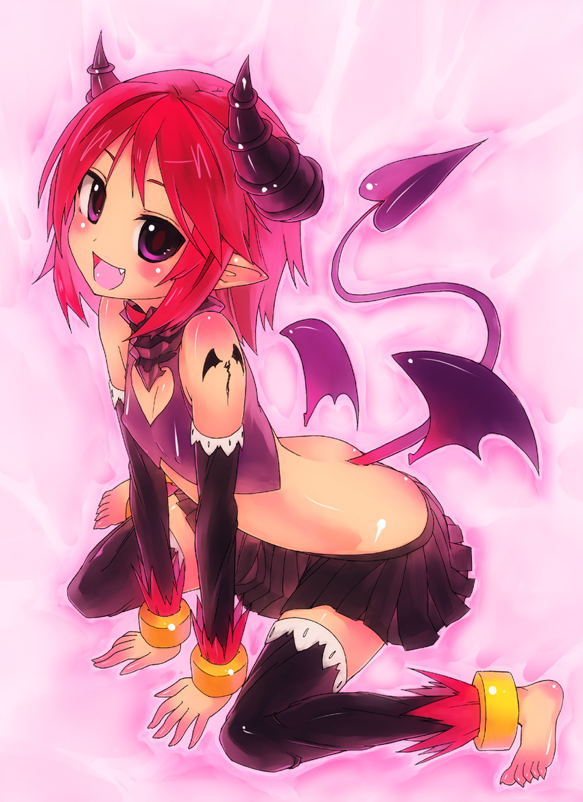 bad_id bad_pixiv_id bracelet demon_girl fangs flat_chest highres horns jewelry karube_ponzu original pointy_ears purple_eyes red_hair short_hair solo tail tattoo thighhighs wings
