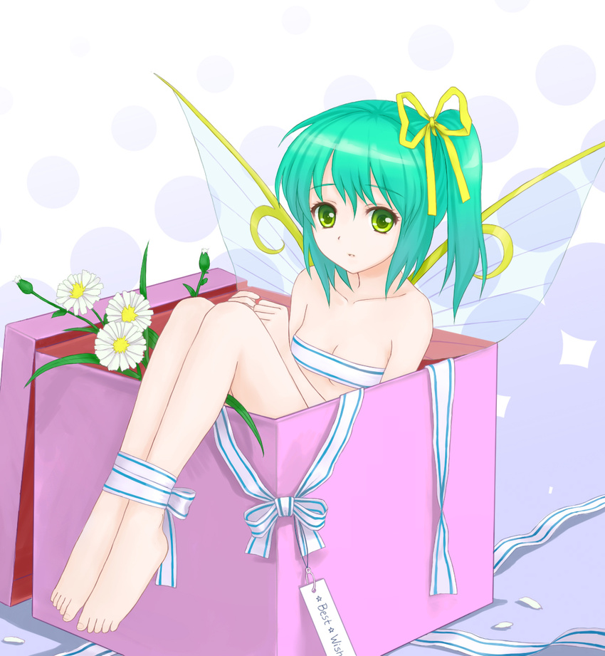 aqua_hair bad_id bad_pixiv_id barefoot bdsm bondage bound box daiyousei fairy_wings feet flat_chest flower gift green_eyes green_hair highres in_box in_container looking_at_viewer naked_ribbon nude ribbon ribbon_bondage short_hair side_ponytail solo touhou tucana wings