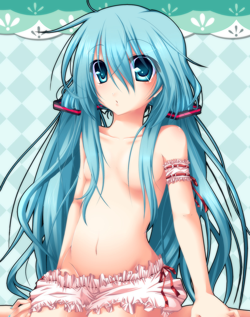 aqua_eyes aqua_hair arm_garter bloomers censored convenient_censoring hair_censor hair_over_breasts hatsune_miku highres long_hair messy_hair navel sayo_wini sitting solo topless twintails underwear very_long_hair vocaloid