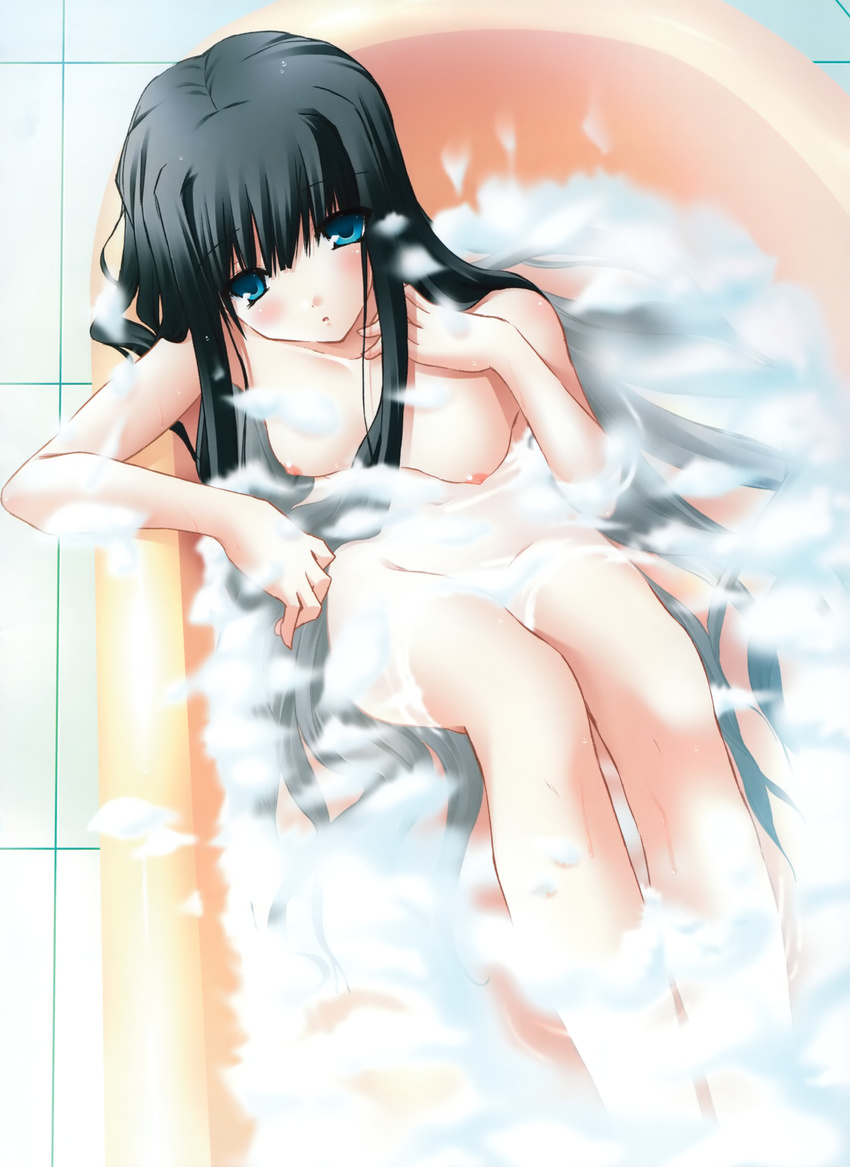 absurdres arm_support bangs bath bathing bathtub black_hair blue_eyes blush breasts bubble_bath convenient_censoring from_above groin hair_between_eyes hand_on_own_chest highres indoors leaning long_hair maya_(triptych) navel nimura_yuuji nipples nude official_art parted_lips partially_submerged scan sidelocks sitting small_breasts soap_bubbles soap_censor solo tile_floor tiles triptych very_long_hair water wet