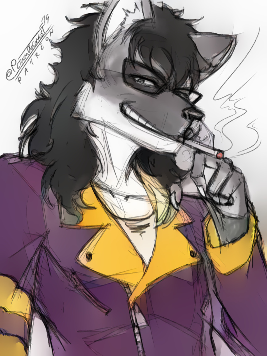 2019 anthro black_nose canid canine canis cigarette claws clothing eyewear fur glasses hair half-closed_eyes hi_res jacket jaden_hayabusa long_hair looking_at_viewer male mammal pltnm06ghost randochris simple_background smile smoking white_background wolf