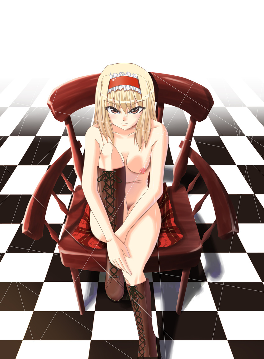 absurdres alice_margatroid blonde_hair boots breasts bubble_brave chair checkered checkered_floor cross-laced_footwear from_above hairband highres knee_boots knee_up leg_hug looking_at_viewer medium_breasts nipples nude perspective plaid red_eyes short_hair sitting solo touhou